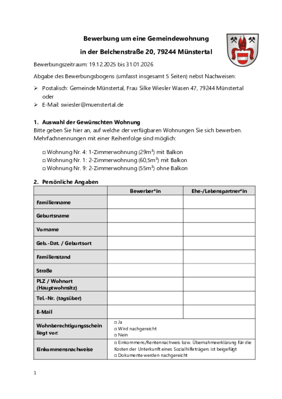 Bewerbungsbogen Wohnungen Belchenstraße 20